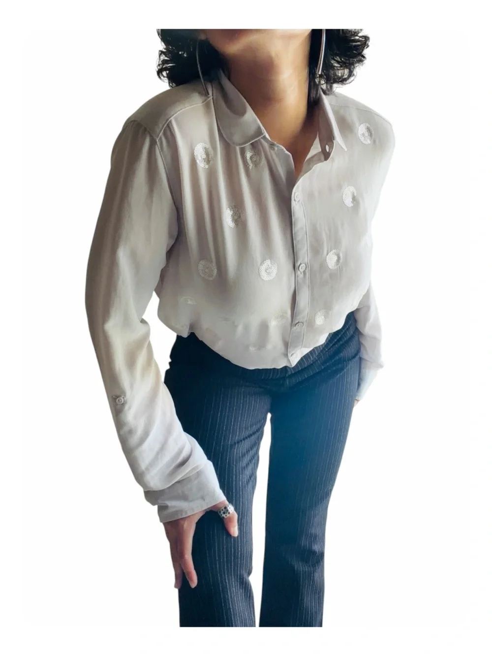 ★ Abercrombie & Fitch Elevated Basic Sequins Long Sleeve Button Down Blouse S ★